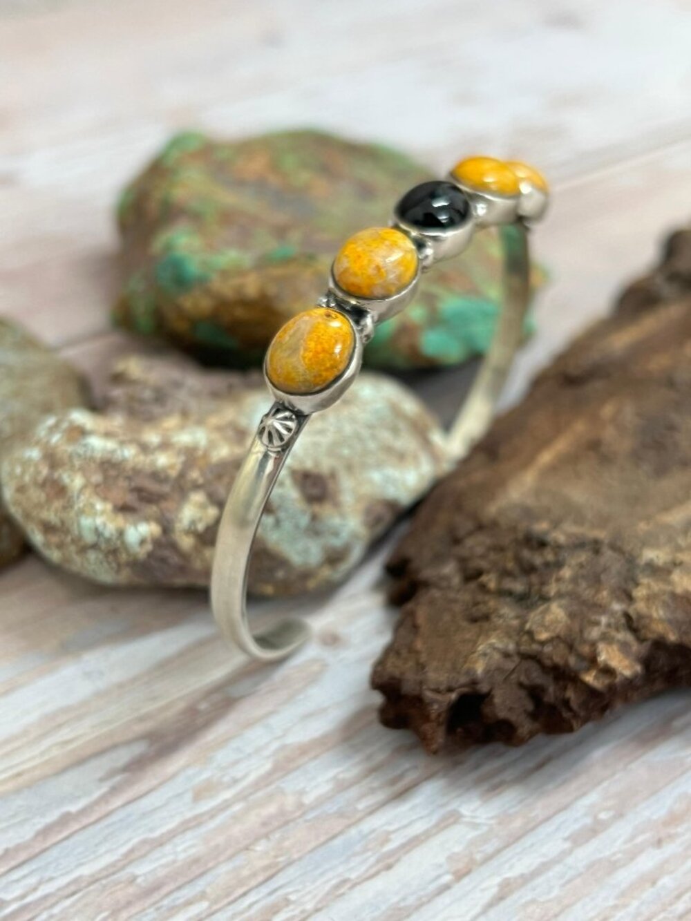 "Halloween Collection" Handmade Sterling Silver Black Onyx, Bumblebee Cuff Brace